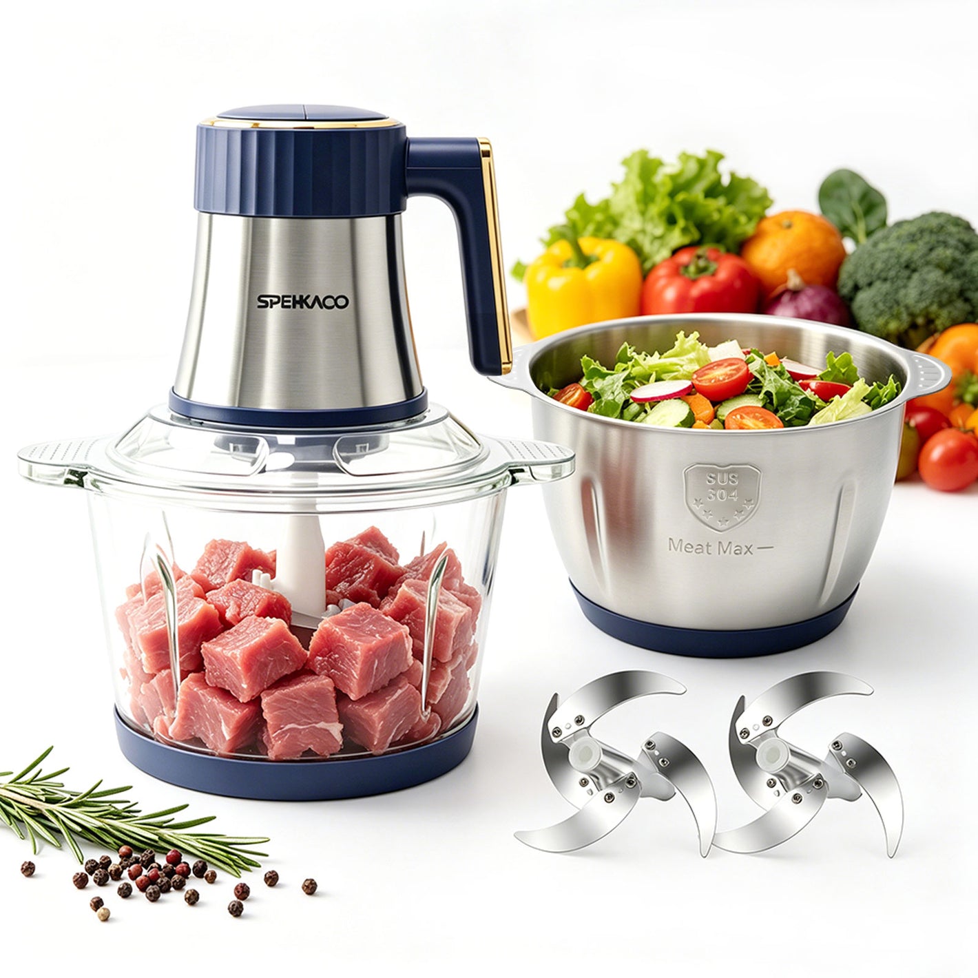 SPEHKAOO 3L Food Processor with 2 Bowls – 12 Cup Glass & Stainless Steel, 500W 5-Speed Meat Grinder & Vegetable Chopper, Electric Food Chopper for Family Cooking, Meat, Nuts, Garlic, Salsa, Guacamole