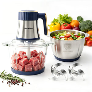 SPEHKAOO 3L Food Processor with 2 Bowls – 12 Cup Glass & Stainless Steel, 500W 5-Speed Meat Grinder & Vegetable Chopper, Electric Food Chopper for Family Cooking, Meat, Nuts, Garlic, Salsa, Guacamole