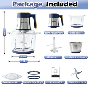 SPEHKAOO 3L Food Processor with 2 Bowls – 12 Cup Glass & Stainless Steel, 500W 5-Speed Meat Grinder & Vegetable Chopper, Electric Food Chopper for Family Cooking, Meat, Nuts, Garlic, Salsa, Guacamole