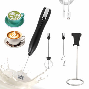 Rechargeable Milk Frother Handheld,Kitchen Essentials Hand Mixer with 3 Stainless Whisks Heads,Electric Whisk Frother for Latte, Cappuccino,Macchiato,Matcha, Egg, Milk Powder,with Stand