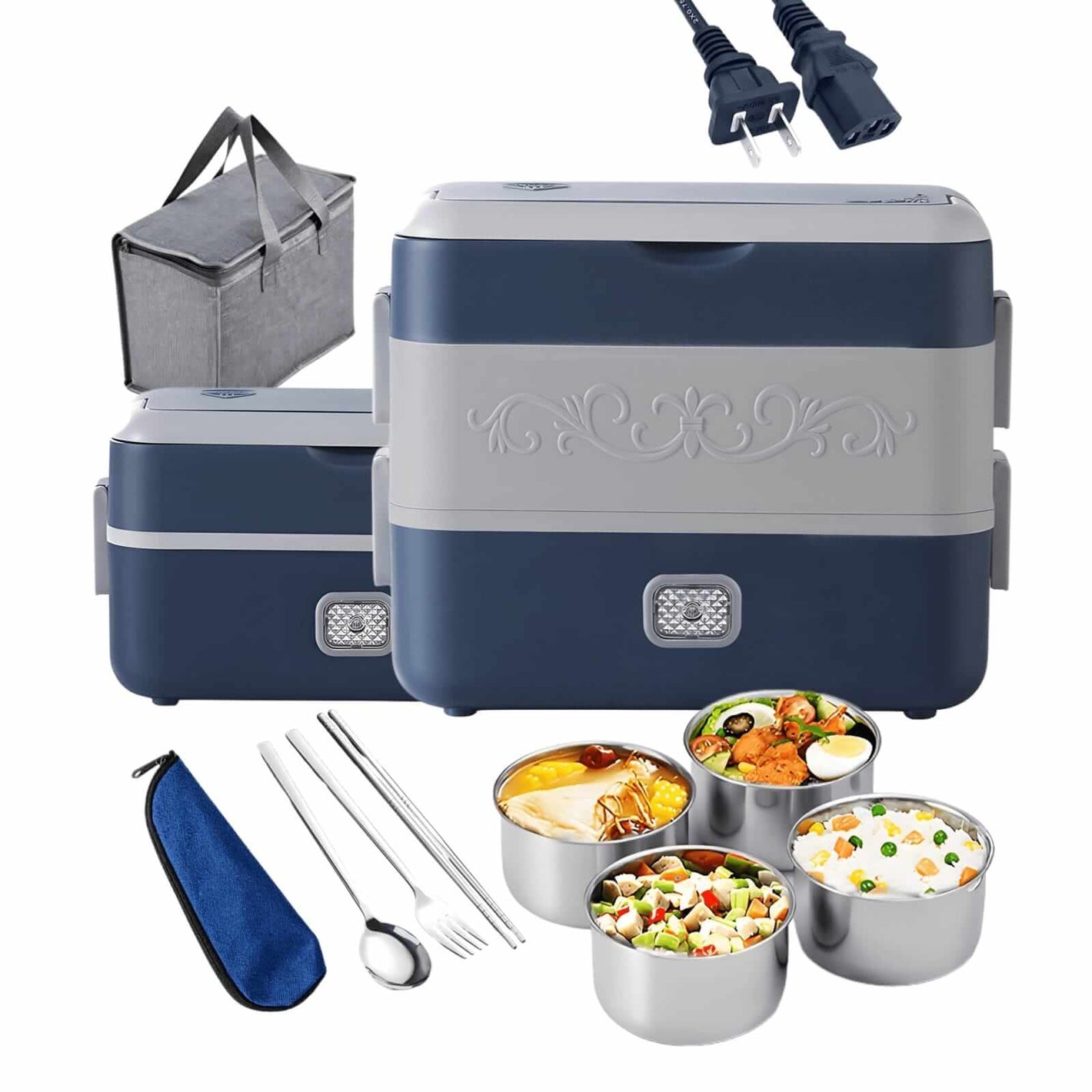 Electric Lunch Box for Adults, 200W Heated Lunch Containers 2.4L(10Cups) Stainless Steel Electric Food Warmer,4 bowls Double Layer Quick Heatable Lunchbox for Office/home