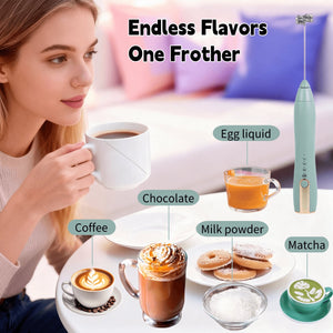 Rechargeable Milk Frother Handheld,Kitchen Essentials Hand Mixer with 3 Stainless Whisks Heads,Electric Whisk Frother for Latte, Cappuccino,Macchiato,Matcha, Egg, Milk Powder,with Stand
