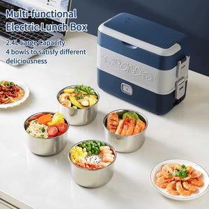 Electric Lunch Box for Adults, 200W Heated Lunch Containers 2.4L(10Cups) Stainless Steel Electric Food Warmer,4 bowls Double Layer Quick Heatable Lunchbox for Office/home