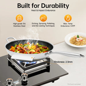 316Ti Stainless Steel Honeycomb Wok 13.4 Inch Non Stick Frying Pan Induction Cooktop Compatible Gas Stove Modern Kitchen Cookware