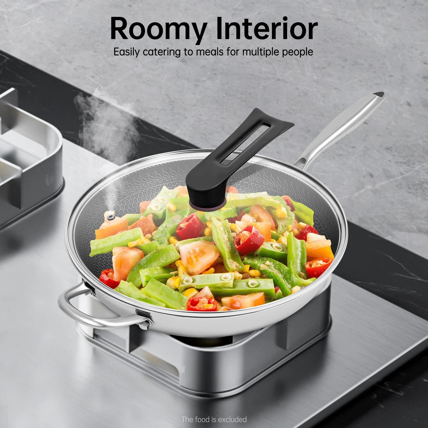 316Ti Stainless Steel Honeycomb Wok 13.4 Inch Non Stick Frying Pan Induction Cooktop Compatible Gas Stove Modern Kitchen Cookware