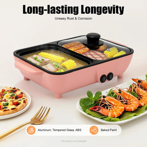 2-in-1 Electric Hot Pot with Griddle Tabletop Non-stick Pan Vegetable Grill Cooker BBQ Shabu Pot Household Noodles Cooking Pot