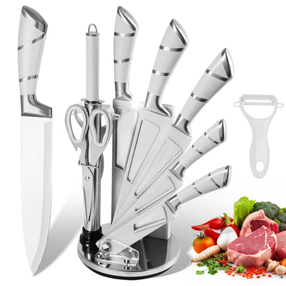 9-Piece Stainless Steel Hollow Handle Kitchen Knife Set Meat Cutting Cooking Knife Scissors Bread Knife Fruit Peeler Knife Holder