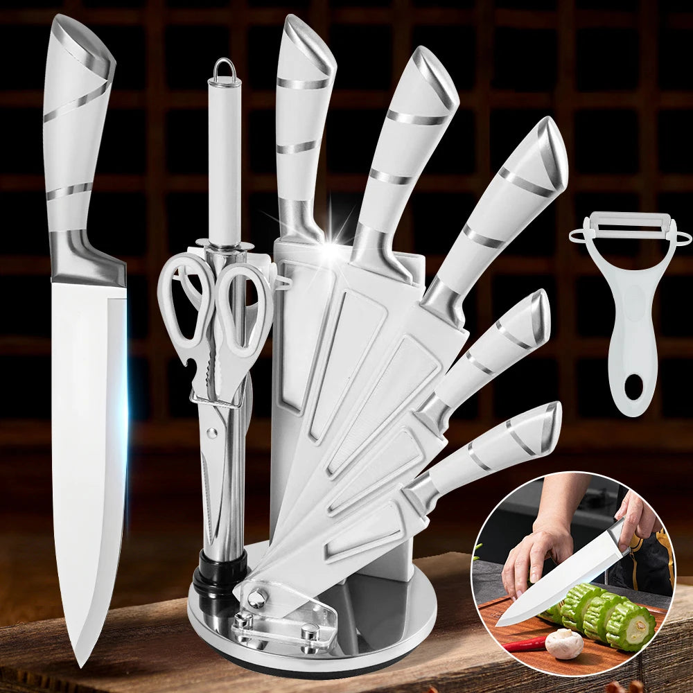 9-Piece Stainless Steel Hollow Handle Kitchen Knife Set Meat Cutting Cooking Knife Scissors Bread Knife Fruit Peeler Knife Holder