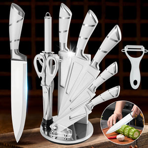 9-Piece Stainless Steel Hollow Handle Kitchen Knife Set Meat Cutting Cooking Knife Scissors Bread Knife Fruit Peeler Knife Holder