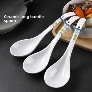Household Ceramic Long Handled Soup Spoon, Thickened Anti Scald Kitchen Cooking Spoon, Food Grade High Temperature Resistant