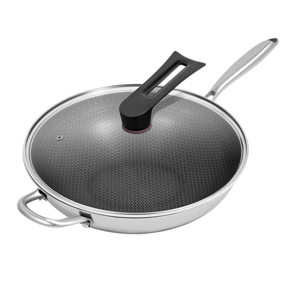 316Ti Stainless Steel Honeycomb Wok 13.4 Inch Non Stick Frying Pan Induction Cooktop Compatible Gas Stove Modern Kitchen Cookware
