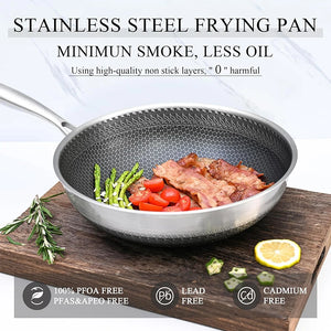 316 Stainless Steel Wok Pan Nonstick Honeycomb Wok Pan Large Deep Stir Frying Pan Skillet With Handle Induction & Gas Stove Compatible