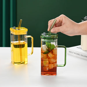 6 Pcs Glass Straw Cup, 6 Colors Square Glass Cup With Straw And Lid, High Borosilicate Glass Cup, Milk Cup, Juice Cup, Cold Drink Cup, Coffee Cup, Tea Cup, Office Cup, Gift Cup